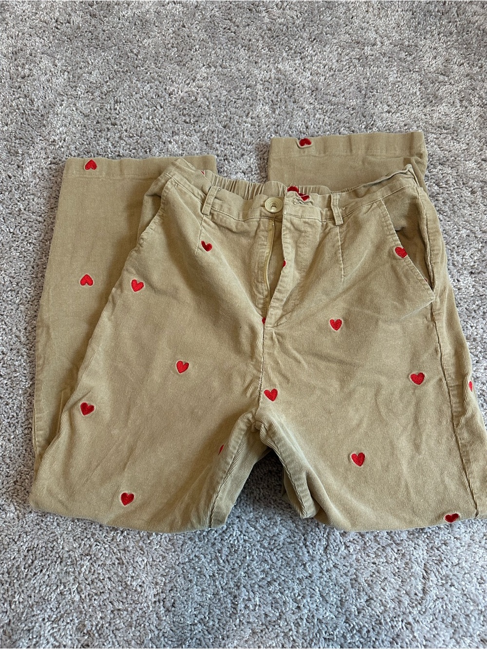 Cider Tan Corduroy Kids Pants with Red Heart Accents